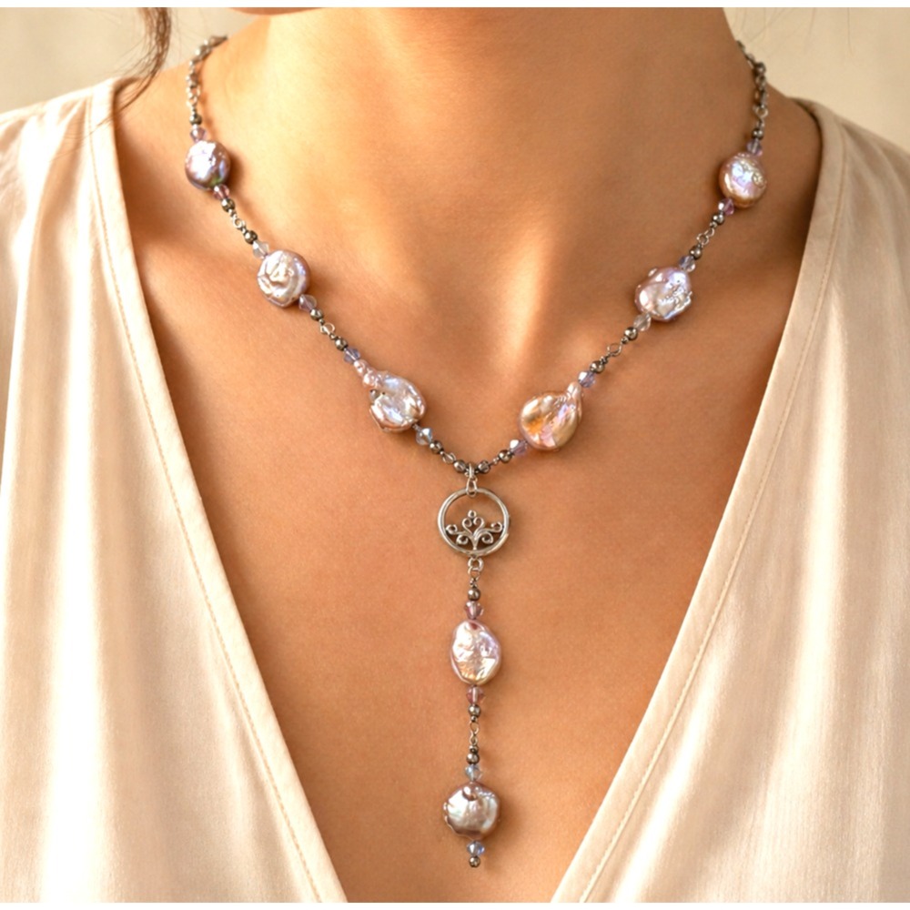Handmade Baroque Freshwater Pearl Y Necklace Swarovski Crystal Sterling Silver
